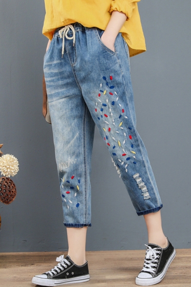 Womens Jeans Chic Medium Wash Embroidery Ripped Drawstring Waist Loose Fitted Capri Tapered Jeans