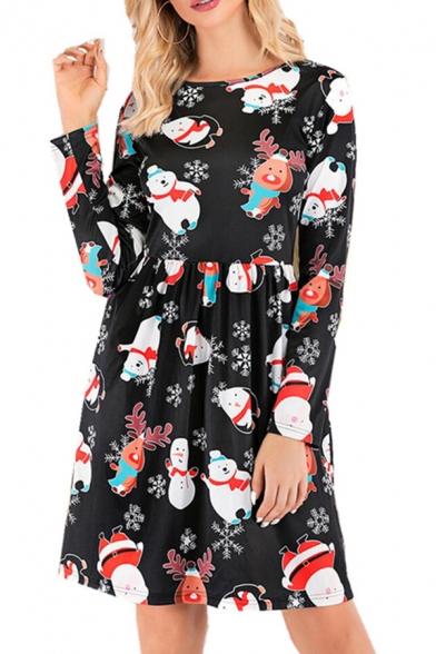 Womens Popular Dress All Over Mixed Christmas Cartoon Print Long Sleeve Round Neck Mid A-line Dress