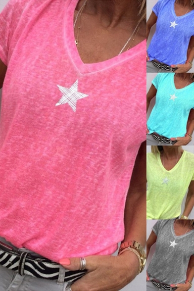 Womens Popular T-shirt Star Printed Short Sleeve V-neck Relaxed Fit Tee Top