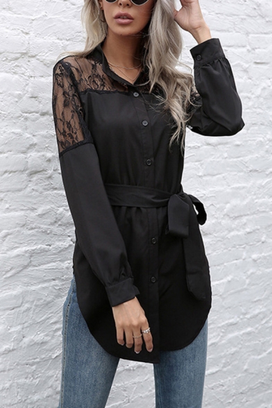 Womens Pretty Sheer Lace Panel Long Sleeve Collarless Button-up Bow Tied Waist Curved Hem Tunic Shirt in Black
