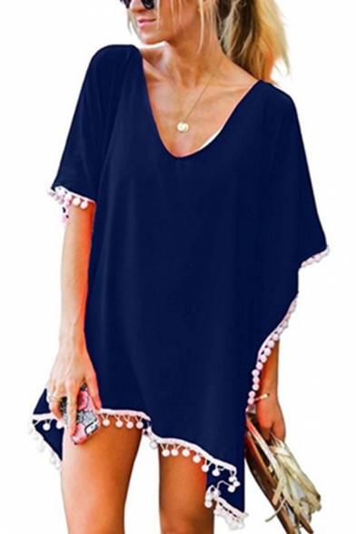 Womens Stylish Dress Plain Tassel Trim Batwing Sleeve V-neck Short Relaxed Dress