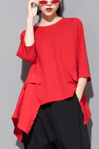 Womens Tee Top Solid Color 3/4 Sleeve Crew Neck Asymmetric Hem Relaxed Fit Cool T Shirt