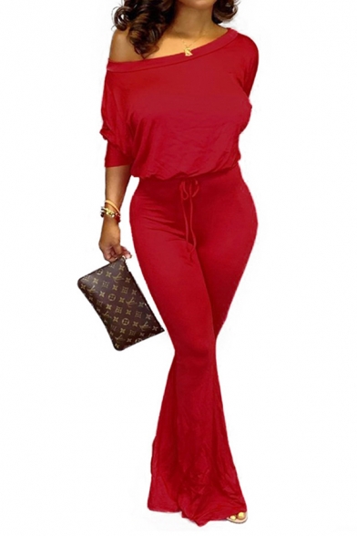 Basic Women's Jumpsuit Solid Color One Shoulder Long Sleeves Drawstring Waist Long Flare Cuffs Jumpsuit
