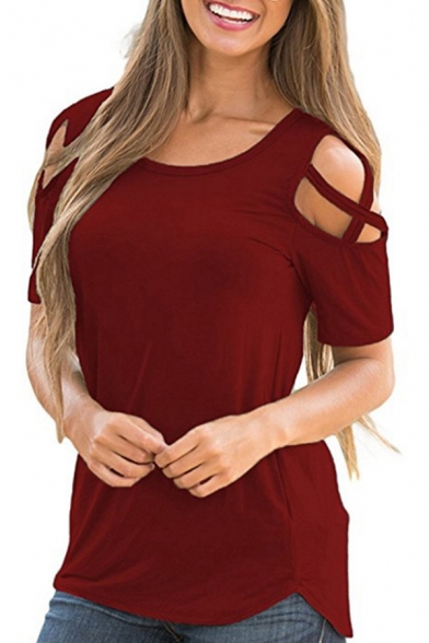 Casual Womens Tee Top Solid Color Hollow Out Short Sleeve Round Neck Curved Hem Loose T-shirt