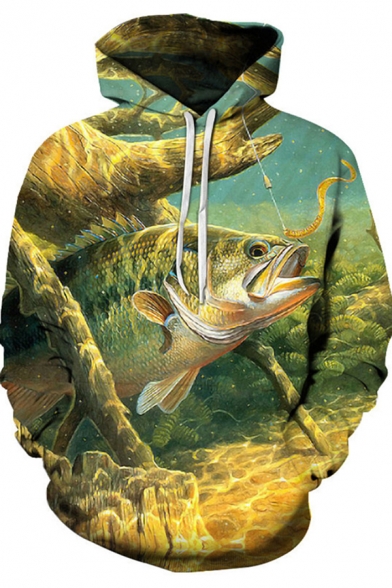 Designer Mens Hoodie Fish 3D Printed Long Sleeve Drawstring Pouch Pocket Loose Hoodie