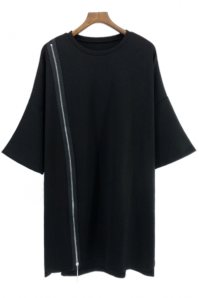 Elegant Ladies Dress Bell Sleeve Crew Neck Zipper Front Short A-line Dress in Black