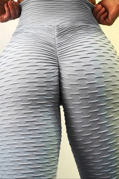 Elegant Women's Active Leggings Quilted Knit High Waist Butt Lift Solid Color Ankle Length Skinny Leggings