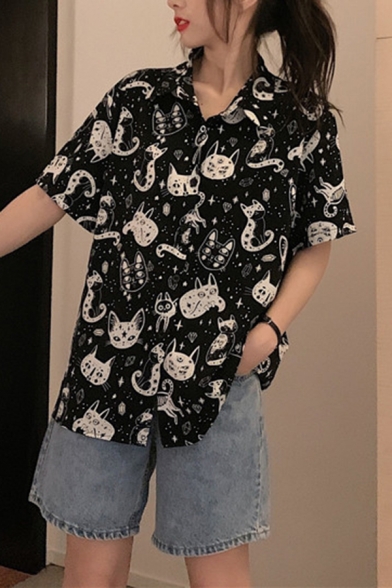 Elegant Women's Shirt Blouse All over Cat Pattern Button-down Spread Collar Short Sleeves Regular Fitted Shirt Blouse
