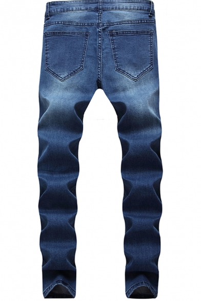 Fancy Men's Jeans Dark Wash Distressed Hole Side Pockets Regular Fitted Long Jeans