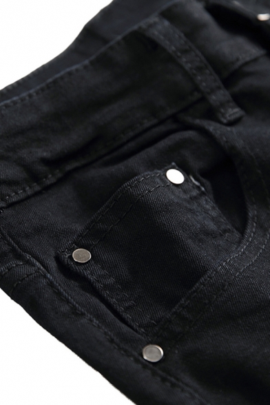 Fancy Men's Jeans Distressed Detail Side Pocket Mid Waist Regular Fitted Long Pants