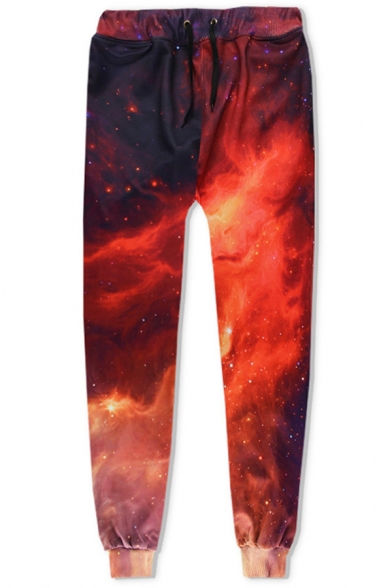 Fancy Men's Pants Galaxy Space 3D Pattern Drawstring Waist Banded Cuffs Ankle Length Sweatpants