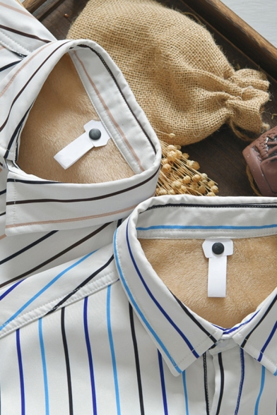 Fancy Men's Shirt Stripe Print Button Closure Brushed Inside Spread Collar Long Sleeves Regular Fitted Shirt