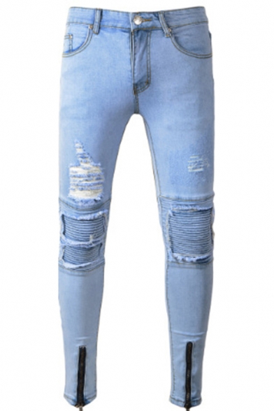 Fancy Mens Jeans Pleated Detail Zip Split Cuffs Button Fly Side Pockets Mid Waist Regular Fitted Long Jeans in Light Washing Effect