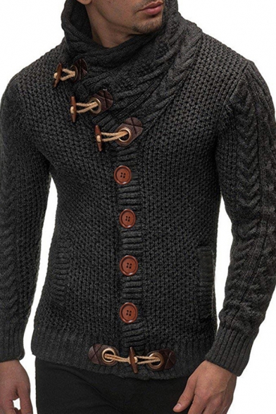 Fancy Women's Cardigan Solid Color Cable Knit Side Pocket Horn Button Cowl Neck Long-sleeved Regular Fitted Cardigan