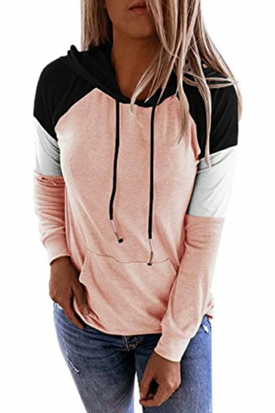 Fancy Women's Hoodie Contrast Color Front Kangaroo Pocket Long-sleeved Regular Fitted Drawstring Hooded Sweatshirt