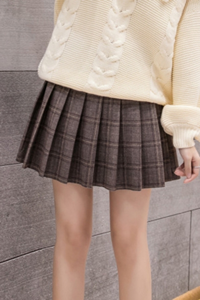 Fancy Women's Skirt Tartan Pattern Pleated Design High Waist Regular Fitted Mini A-Line Skirt