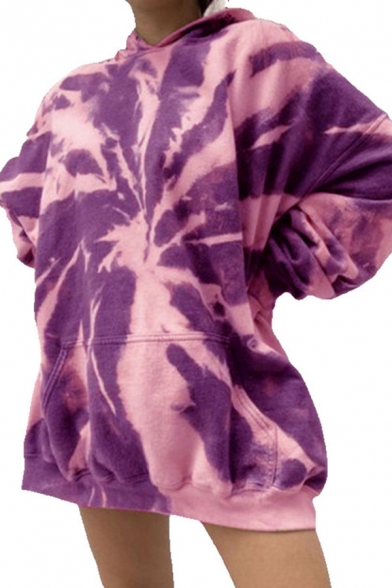 Fashion Hoodie Tie Dye Print Long Sleeve Kangaroo Pocket Loose Fit Tunic Hoodie for Girls