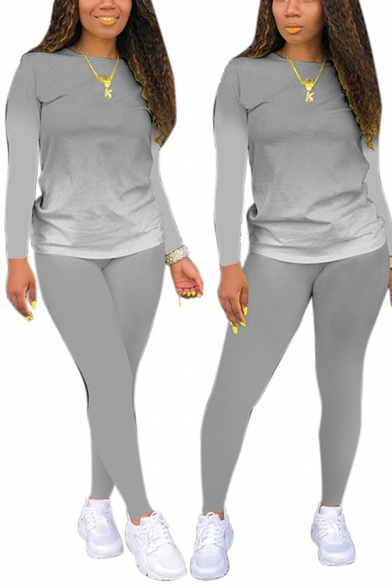 Fashion Womens Set Ombre Long Sleeve Crew Neck Loose T Shirt & Fitted Pants Co-ords