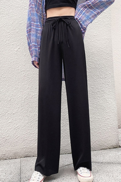 Girls Streetwear Jeans Drawstring Waist Solid Color Long Length Wide-leg Jeans