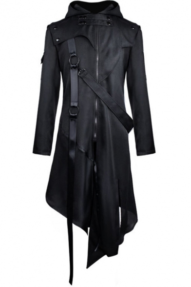 Goth Mens Coat Long Sleeve Hooded Zipper Straps Asymmetric Hem Longline Regular Fit Coat in Black
