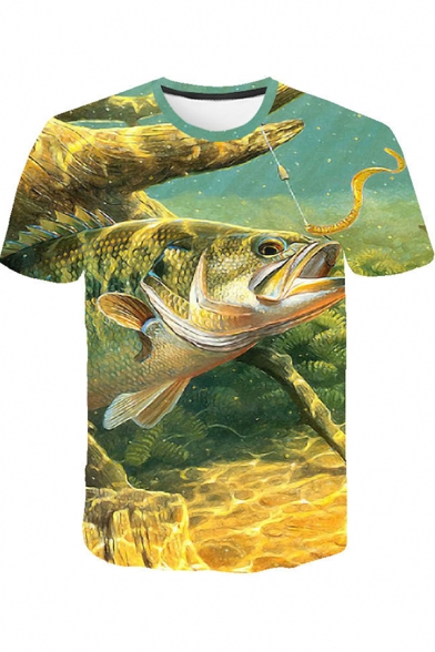 Guys Popular T Shirt 3D Fish Pattern Short Sleeve Crew Neck Regular Fit Tee Top