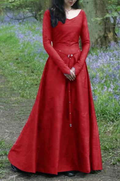 Ladies Medieval Dress Long Sleeve V-neck Tied Waist Plain Maxi A-line Dress