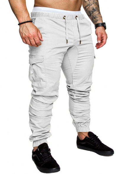 Leisure Mens Pants Solid Color Flap Pockets Drawstring Low Waist Banded Cuffs Regular Fitted Ankle Length Pants