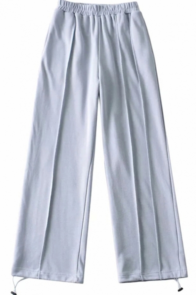 Leisure Women's Pants Solid Color Drawstring Cuffs Elastic Waist Long Straight Pants