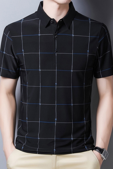 Mens Business Polo Shirt Stylish Grid Pattern Ice Silk Thin Turn-down Collar Button Detail Short Sleeve Slim Fit Polo Shirt