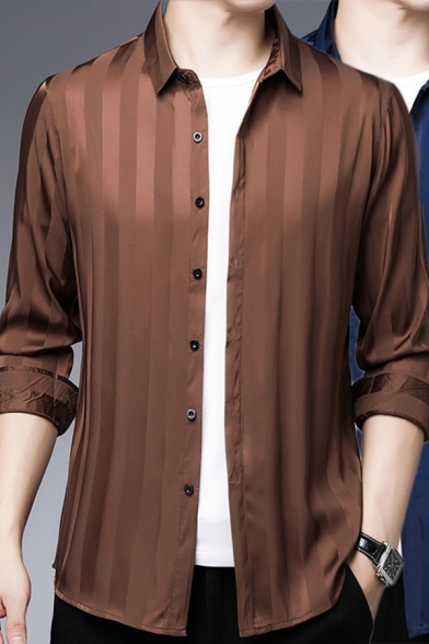 Popular Mens Shirt Stripe Print Long Sleeve Spread Collar Button Up Regular Fitted Shirt
