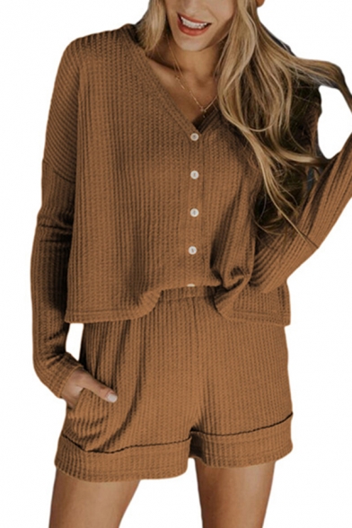 Pretty Ladies Co-ords Plain Ribbed Long Sleeve V-neck Button Up Knit Relaxed Cardigan & Shorts Set