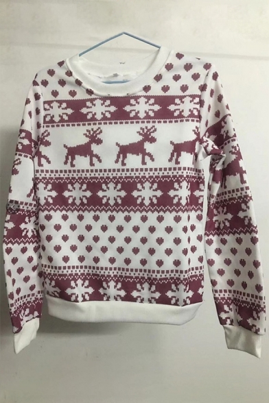 Red Cute Long Sleeve Crew Neck Mixed Pattern Slim Fit Christmas Sweater-Knit Top for Girls