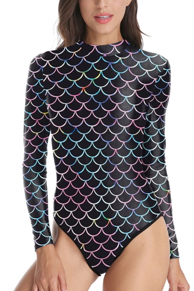 Retro Womens Bodysuit Fish Scale Pattern Mock Neck Long-sleeved Fitted Bodysuit