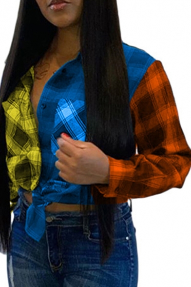 Stylish Shirt Plaid Pattern Long Sleeve Spread Collar Button Up Tied Hem Regular Crop Shirt for Women
