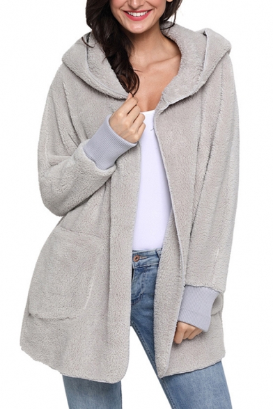 Stylish Womens Cardigan Solid Color Fuzzy Long Sleeve Hooded Loose Fit Cardigan
