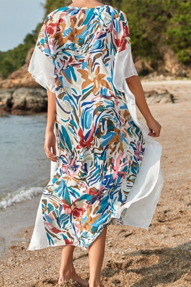 Summer Stylish Tropical Plant Printed One Shoulder Tassel Hem Maxi Kaftan Dress