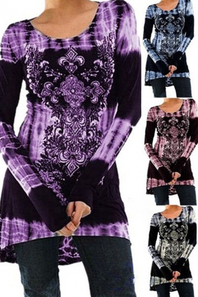 Trendy Dress Tie Dye Flower Print Long Sleeve Round Neck Short A-line Dress for Women