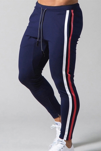 Trendy Mens Training Pants Double Stripe Pattern Pocket Design Zip Split Hem Drawstring Elastic Waist Fitted Gym Pants