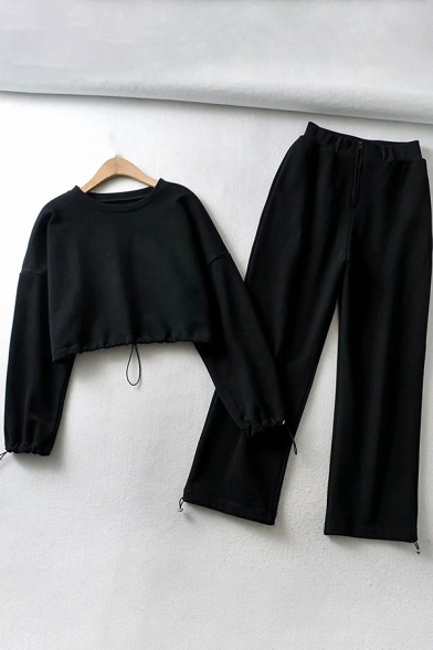 Trendy Women's Co-ords Solid Color Drawstring Hem Round Neck Long Sleeves High Waist Long Sweatpants