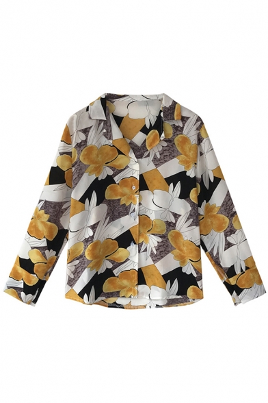 Trendy Women's Shirt Floral Pattern Button-down Spread Collar Split Long-sleeved Regular Fitted Shirt Blouse