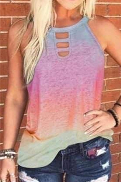 Trendy Women's Tee Top Leopard Tie Dye Pattern Hollow out Round Neck Sleeveless Regular Fitted T-Shirt