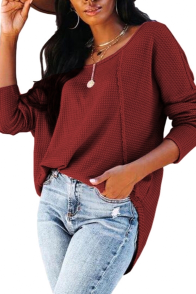 Trendy Womens T Shirt Solid Color Long Sleeve Round Neck Loose Fit Waffle Tee Top