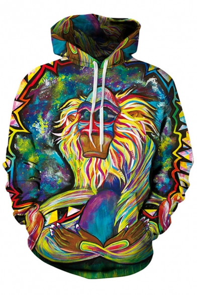 Unique Men's Hoodie Ape 3D Digital Print Front Pocket Long Sleeves Drawstring Hooded Sweatshirt