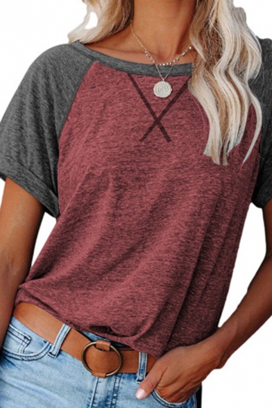 Womens Basic T-shirt Contrasted Short Sleeve Round Neck Relaxed T Shirt