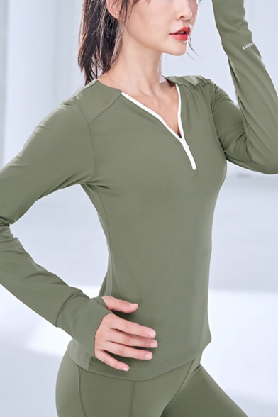 Womens Basic Tee Top Solid Color Long Sleeve V-neck Zip Up Slim Fit T Shirt