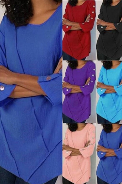 Womens Casual T Shirt Plain 3/4 Sleeve Button Detail Round Neck Ribbed Asymmetric Hem Relaxed T Shirt