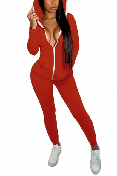 Womens Leisure Solid Color Set Long Sleeve Hooded Zipper Front Relaxed Jacket & Fitted Pants Set