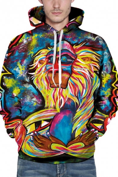 Blue-yellow Hoodie Oil Painting Cartoon 3D Pattern Long Sleeve Drawstring Relaxed Cool Hoodie for Men