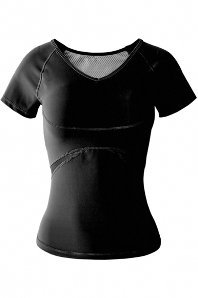 Casual Women's Yoga Tee Top Patchwork Mesh Gauze Round Neck Flatlock Stitching Raglan Short Sleeves Slim Fitted T-Shirt