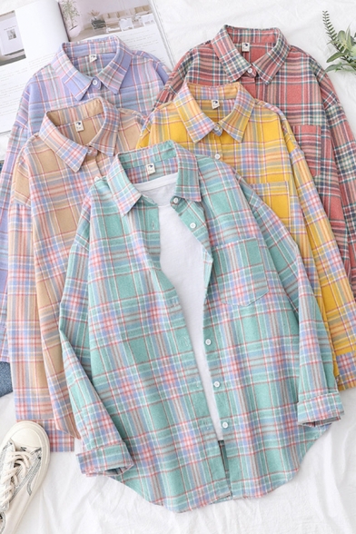 Casual Womens Shirt Plaid Pattern Long Sleeve Point Collar Button Up Loose Shirt Top